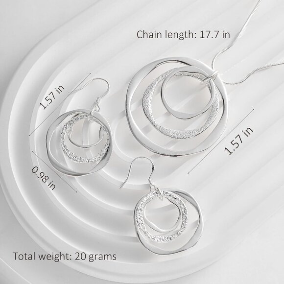 Women's 925 Plated Hypoallergeni 3 Circles Silver Hoop Earring and Necklace Set - Picture 3 of 7